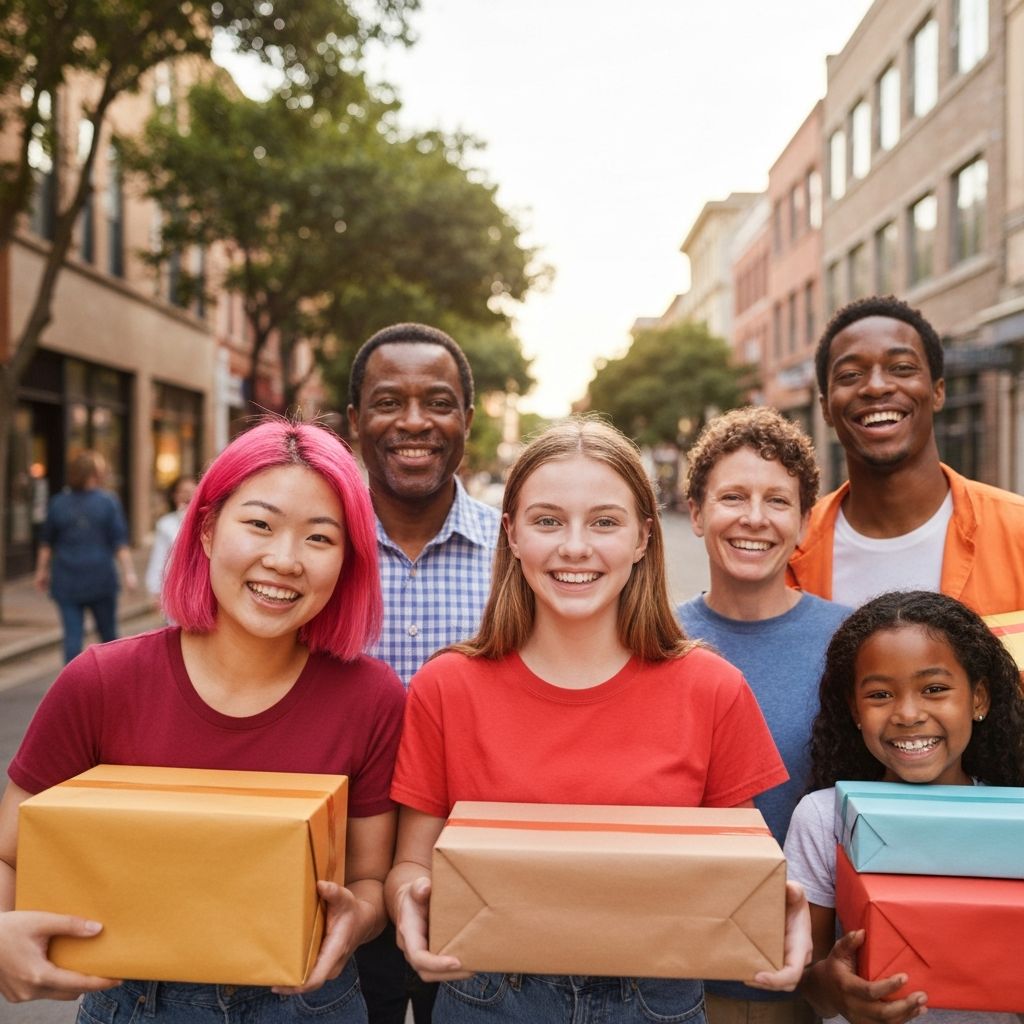 Happy diverse families - Black, White, and Asian Chinese families with children - receiving delivery packages